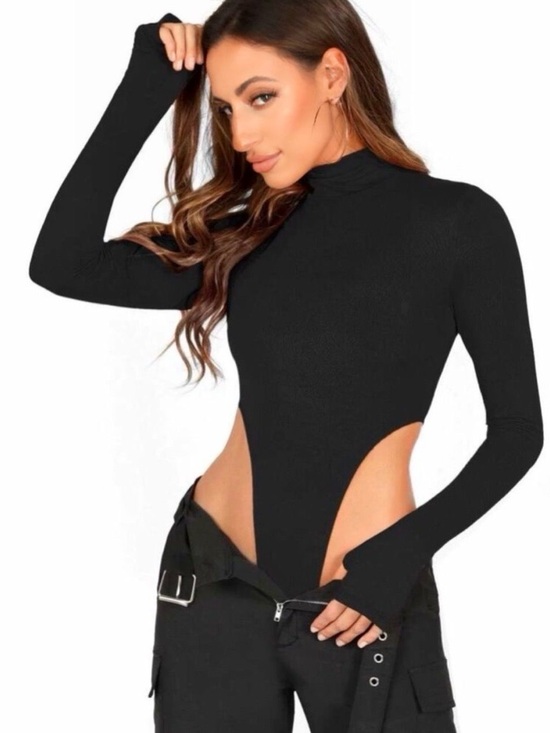 SHEIN Tops - SHEIN Black Long Sleeve Mock Neck Cutout Bodysuit S